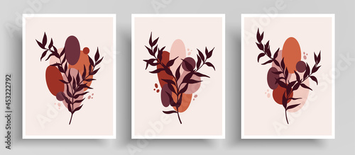 Vector cover layout with harmonious colors and line art. Minimalist template with abstract shapes and botanical lines composition. Designed for wall decoration, postcard or poster, cover design.