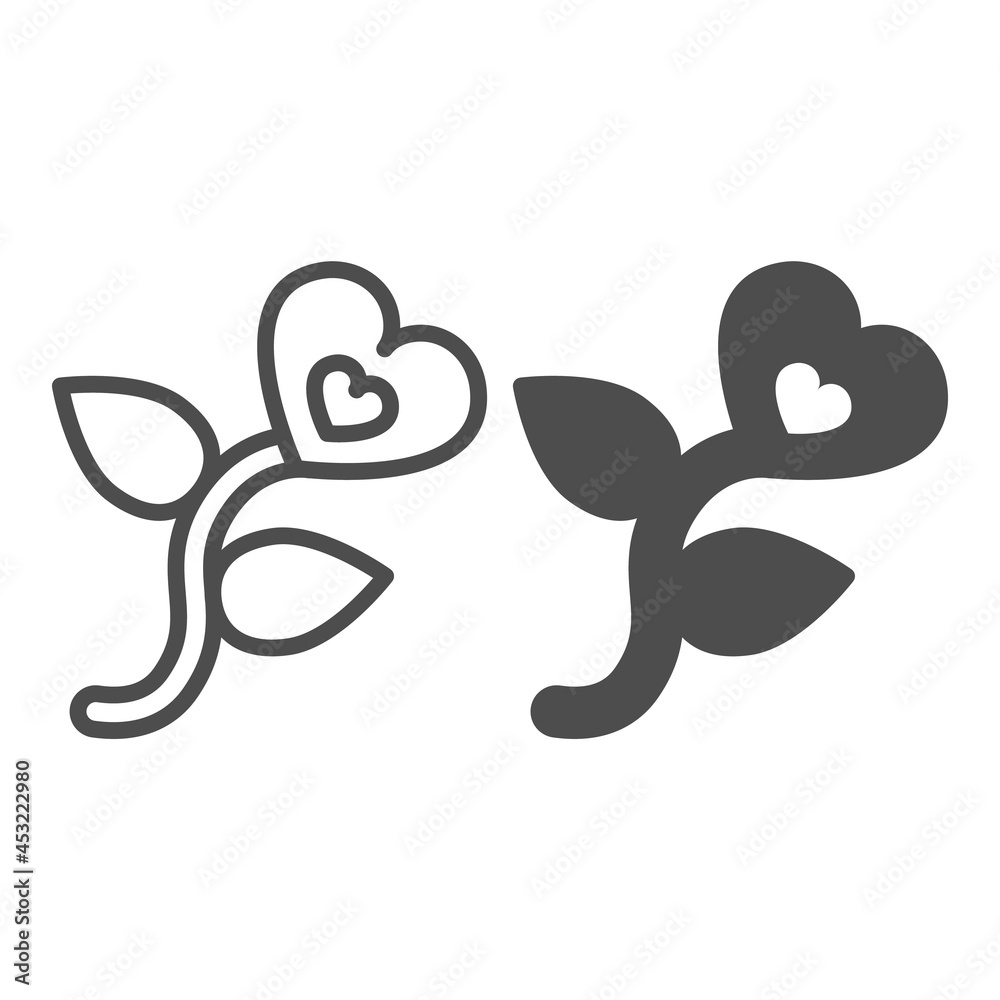 Heart shaped flower with leaves line and solid icon, dating concept, romantic flower vector sign on white background, outline style icon for mobile concept and web design. Vector graphics. Heart shaped flower with leaves line and solid icon, dating concept, romantic flower vector sign on white background, outline style icon for mobile concept and web design. Vector graphics.