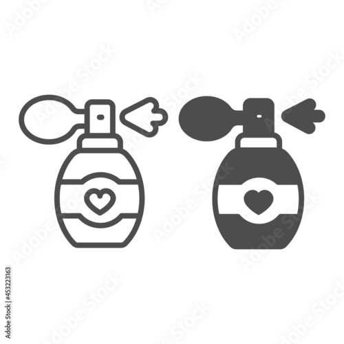Perfume bottle with heart, scent line and solid icon, perfumery concept, fragrance vector sign on white background, outline style icon for mobile concept and web design. Vector graphics.
