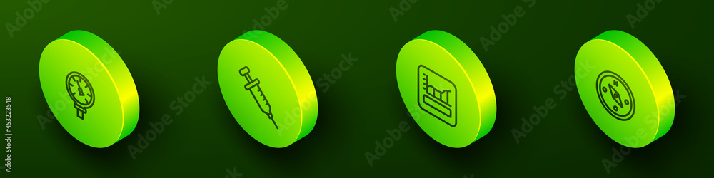 Set Isometric line Pressure water meter, Syringe, Graph, schedule, chart, diagram and Compass icon. Vector Set Isometric line Pressure water meter, Syringe, Graph, schedule, chart, diagram and Compass icon. Vector