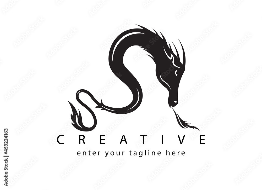 Fototapeta premium Black dragon logo design template, coiled dragon head icon, isolated on white background