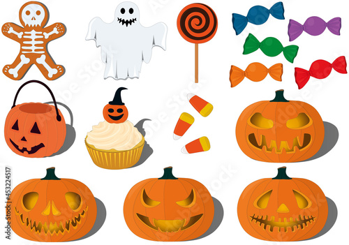 Halloween pumpkins, sweets and items collection vector illustration