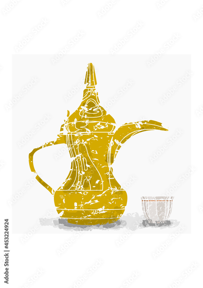 Editable Side View Traditional Arab Coffee in Finjan Demitasse Cup and Dallah Pot Vector Illustration in Brush Strokes Style for Cafe Design with Arabian Middle Eastern and Islamic Culture Tradition Editable Side View Traditional Arab Coffee in Finjan Demitasse Cup and Dallah Pot Vector Illustration in Brush Strokes Style for Cafe Design with Arabian Middle Eastern and Islamic Culture Tradition