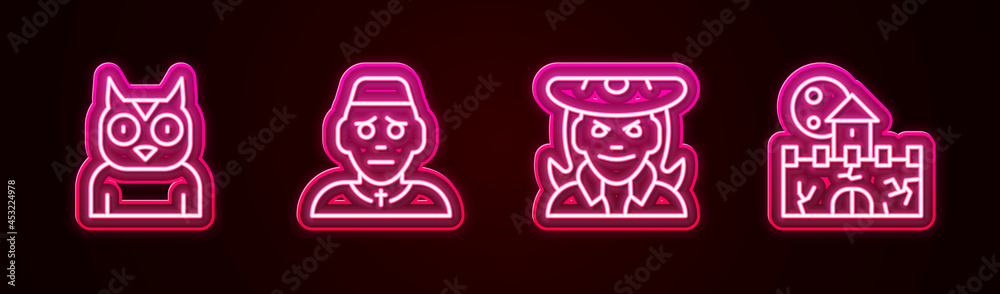 Set line Owl bird, Priest, Witch and Castle, fortress. Glowing neon icon. Vector Set line Owl bird, Priest, Witch and Castle, fortress. Glowing neon icon. Vector