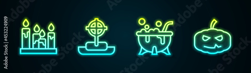 Set line Burning candle, Tombstone with cross, Halloween witch cauldron and Pumpkin. Glowing neon icon. Vector