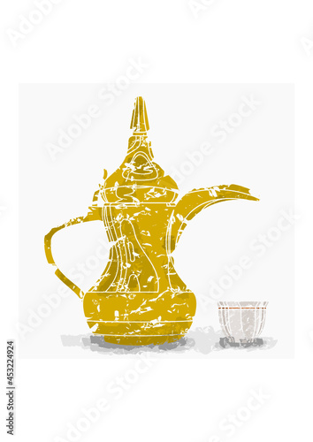 Editable Side View Traditional Arab Coffee in Finjan Demitasse Cup and Dallah Pot Vector Illustration in Brush Strokes Style for Cafe Design with Arabian Middle Eastern and Islamic Culture Tradition