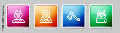 Set line Krampus, heck, Vampire, Wooden axe and Owl bird. Colorful square button. Vector