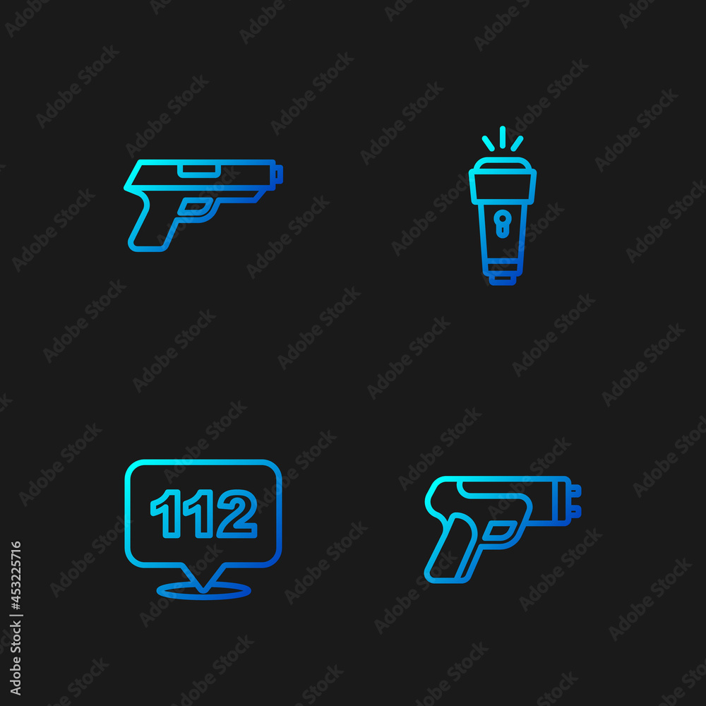 Set line Police electric shocker, Telephone call 112, Pistol or gun and Flashlight. Gradient color icons. Vector Set line Police electric shocker, Telephone call 112, Pistol or gun and Flashlight. Gradient color icons. Vector