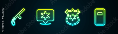 Set line Police rubber baton, Hexagram sheriff, badge and assault shield. Glowing neon icon. Vector