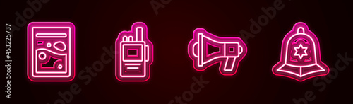 Set line Plastic bag of drug, Walkie talkie, Megaphone and British police helmet. Glowing neon icon. Vector