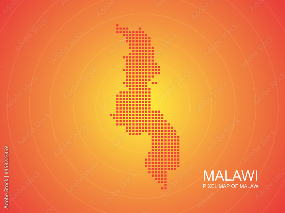 Orange pixel map of Malawi on orange background. Vector illustration. Orange pixel map of Malawi on orange background. Vector illustration.