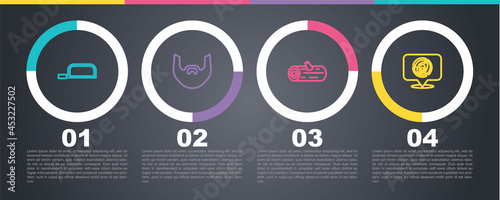 Set line Hacksaw, Mustache and beard, Wooden logs and . Business infographic template. Vector
