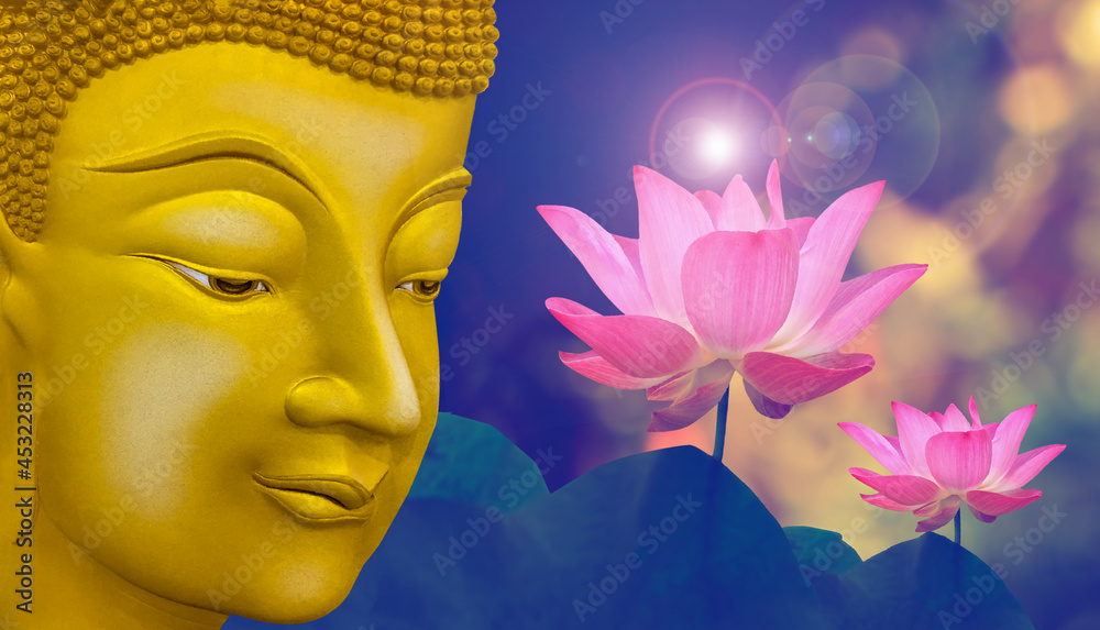 Close up of Buddha statue with pink blooming lotus in garden with flare and colorful background,religion,culture