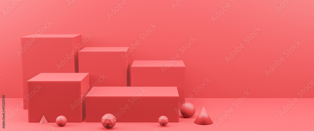 Red geometric minimalist mockup for pedestal or showcase, 3d rendering for product display. Red geometric minimalist mockup for pedestal or showcase, 3d rendering for product display.