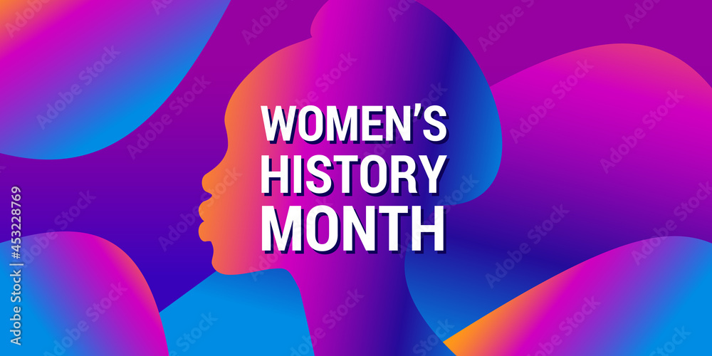 Women's History Month is celebrated in march. Text on background, abstract  gradient pattern, woman silhouette. Web Banner, poster Women s History Month  in the red, blue, pink colors for social media. Stock