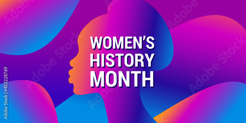 Women's History Month is celebrated in march. Text on background, abstract gradient pattern, woman silhouette. Web Banner, poster Women s History Month in the red, blue, pink colors for social media.