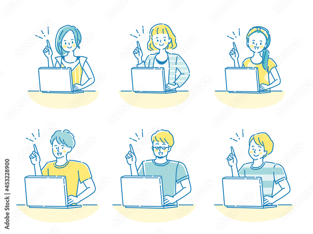 パソコン操作をしている若い男女のイラストセット Stock Vector Adobe Stock