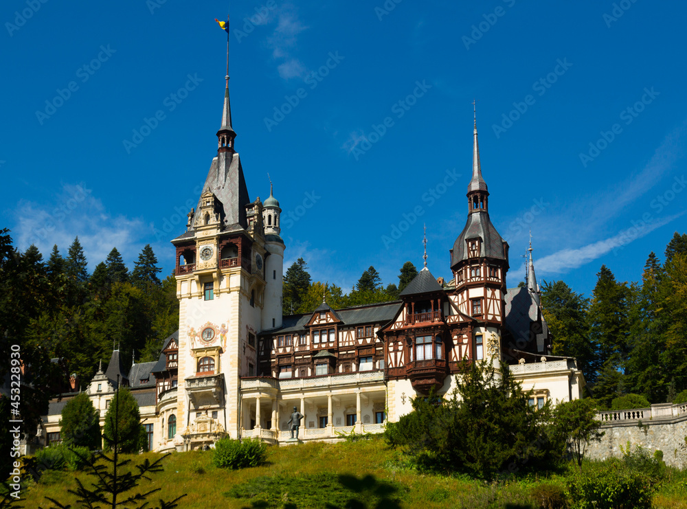 Famous Peles Castle located on medieval path connecting Transylvania and Wallachia, Romania