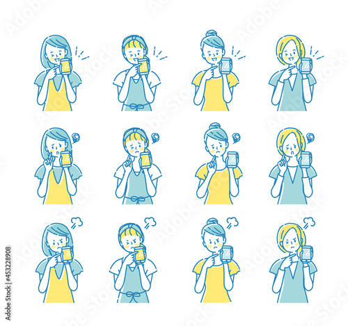 スマートフォンを見せている女性の表情イラストセット