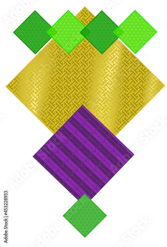 金色、紫色、緑の重なった和柄の折り紙の高級感のある風背景