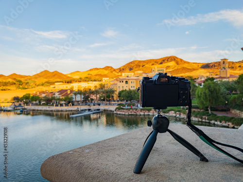 Photography Camera taking picture of the lake landscape of Lake Las Vegas