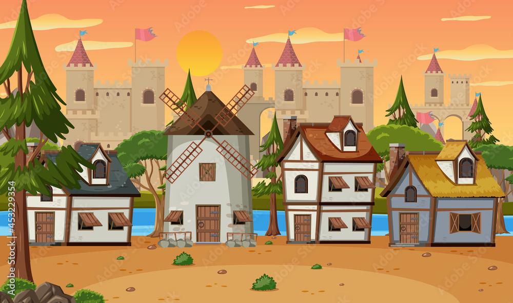 Medieval village scene with windmill and houses