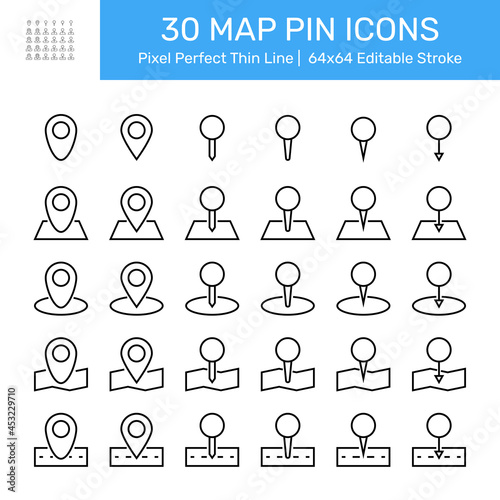 Pixel perfect black thin line icon set of a map pin location. Editable stroke vector 64x64. Collection of map pointer icons. Pack of navigation and GPS concept symbols. Simple outline linear pictogram