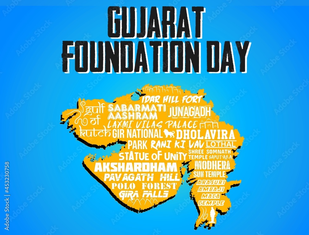 Gujarat Foundation Day 3D Vector Map with famous monuments and tourist