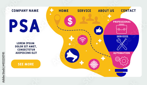 Vector website design template . PSA - Professional Services Automation acronym. business concept. illustration for website banner, marketing materials, business presentation, online advertising.