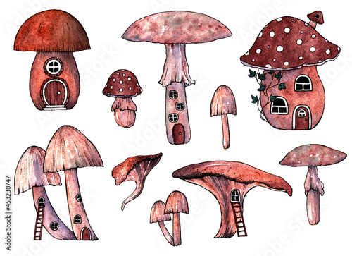 Set of fairytale houses. Collection of cartoon houses in the shape of  mushrooms. Colorful illustration of housing for fairytale characters. Hand-drawn illustration on white