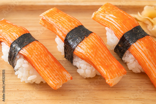 Crab Stick Sushi on wood plate