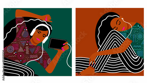 dark-skinned girl listens to music. two posters