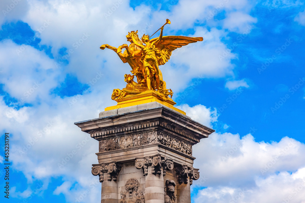 Golden Winged Horse Statue Pont Bridge Alexandre III Paris France