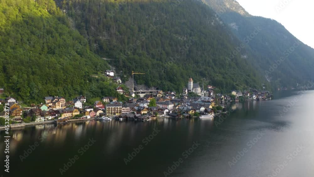 Drone Shot of Hallstatt, Austria in the Distance