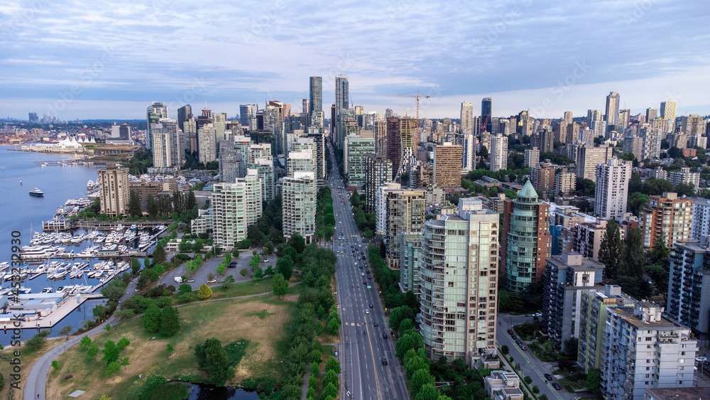 Aerial photo of Downtown Vancouver looking up West Georgia Street with city skyline 