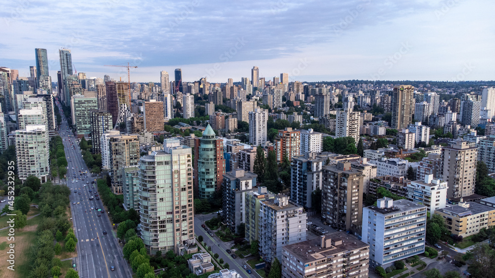 Aerial photo of Downtown Vancouver taken over the West End 