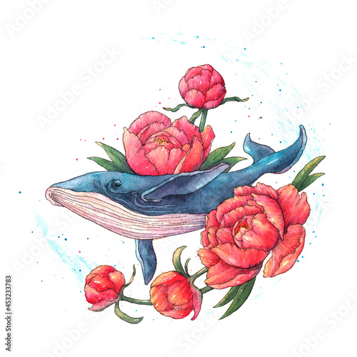 Whale with flowers artwork. Watercolor composition with blue whale and peonies bouquet. Hand painted animal silhouette isolated on white background.