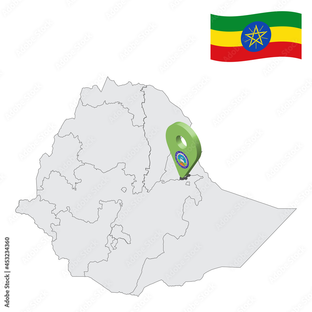 Location Dire Dawa on map Ethiopia. 3d location sign similar to the flag of  Dire Dawa. Quality map  with  regions of Ethiopia for your design. EPS10 - obrazy, fototapety, plakaty 