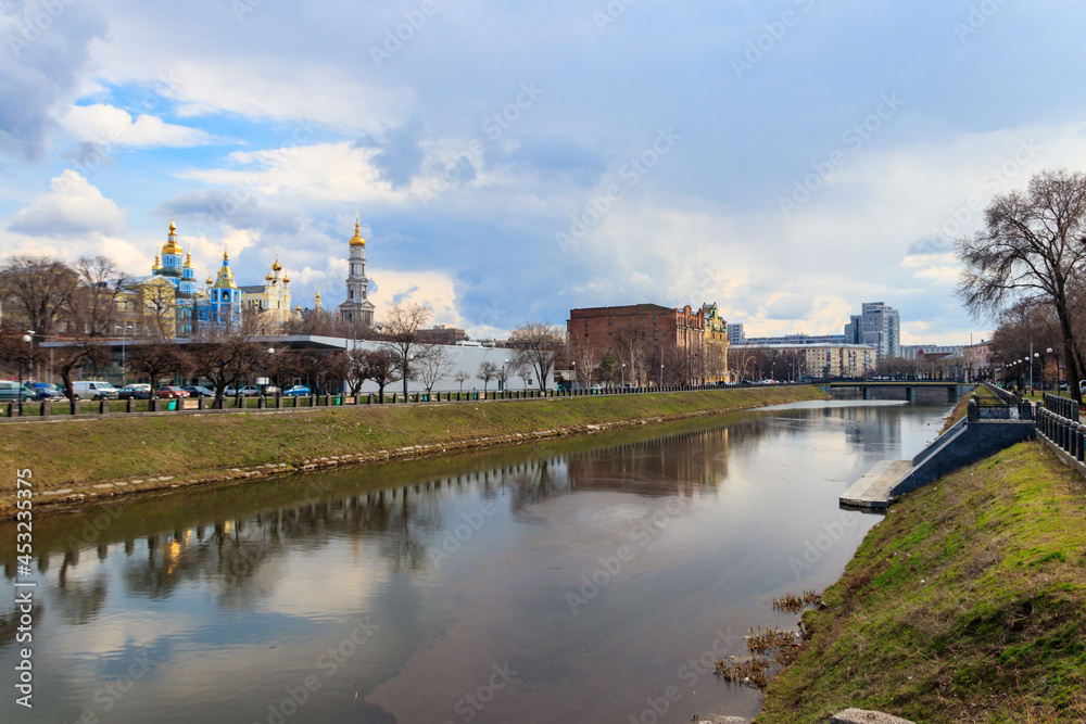 View of Intercession (Pokrovsky) Monastery and the Lopan river in Kharkov, Ukraine