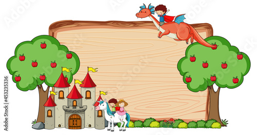 Blank wooden banner with fairy tale cartoon character and elements isolated