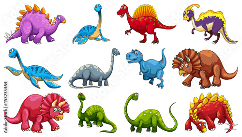 Set of different dinosaur cartoon character isolated on white background