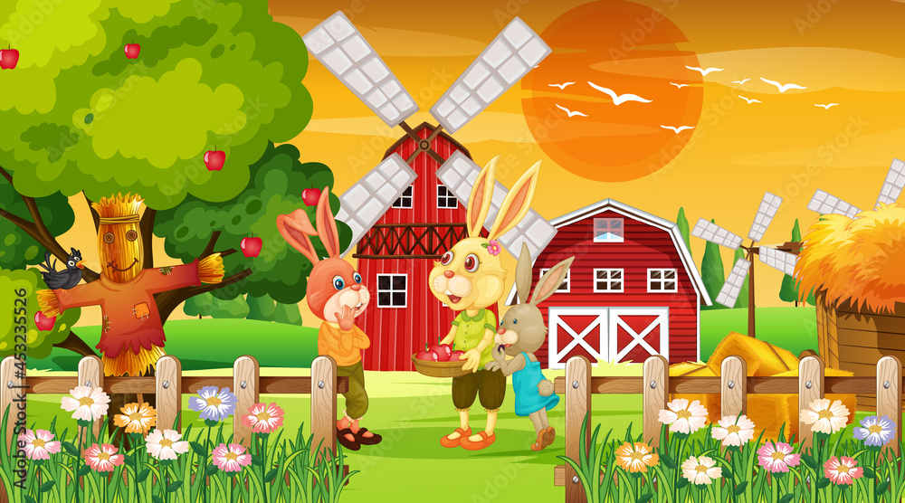 Fototapeta premium Farm at sunset time scene with old farmer man and farm animals