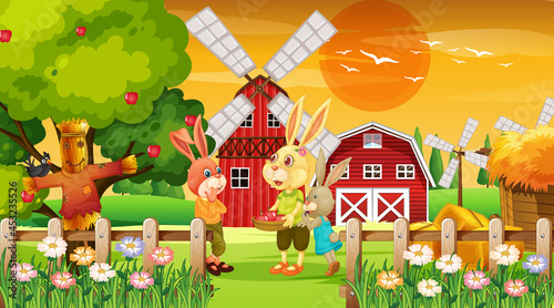 Farm at sunset time scene with old farmer man and farm animals