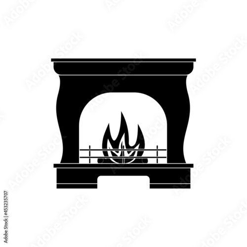 The icon of a fireplace with a fire and firewood is black on a white background.