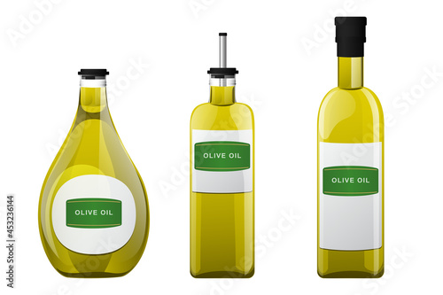 Olive oil glass bottle set in cartoon style.