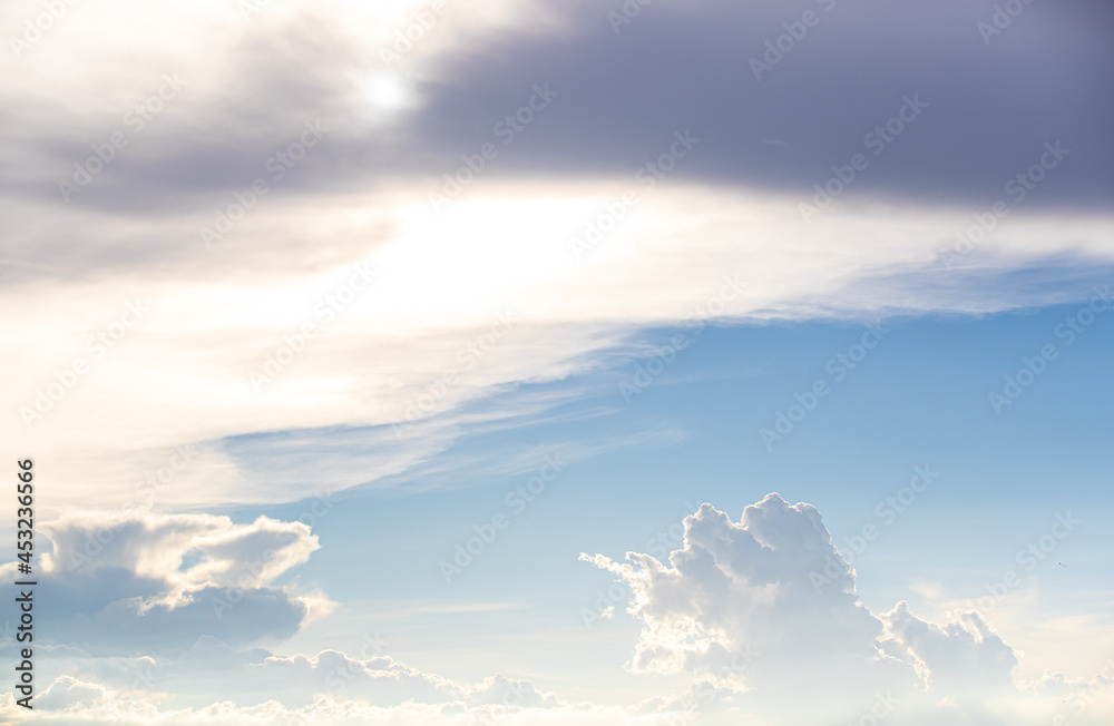 Background of blue sky and clouds in evening at summer time when sunset or sunrise with blank copy space, showing about environment, climate concept.