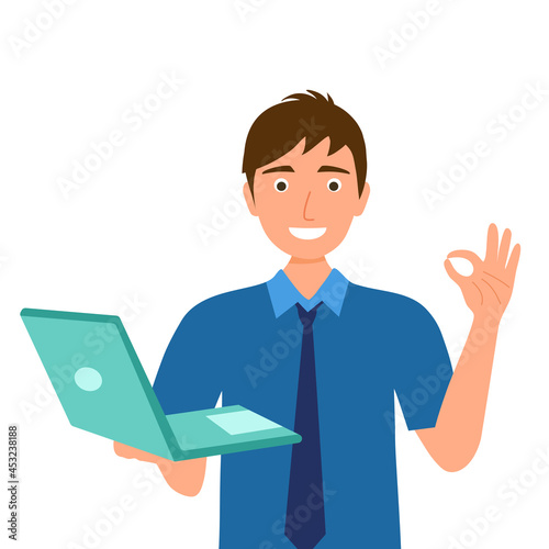 Man worker freelancer success in work concept vector illustration on white background. Guy office employee holding laptop computer with okay hand gesture in flat design.
