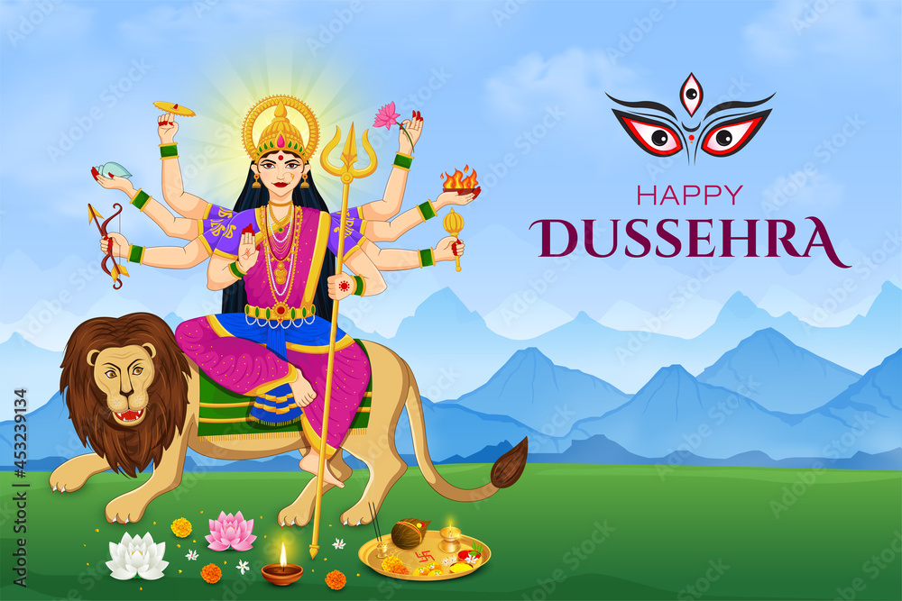 Naklejka premium Goddess Durga Killing Mahishasura, Happy Navratri and Durga puja Festival 