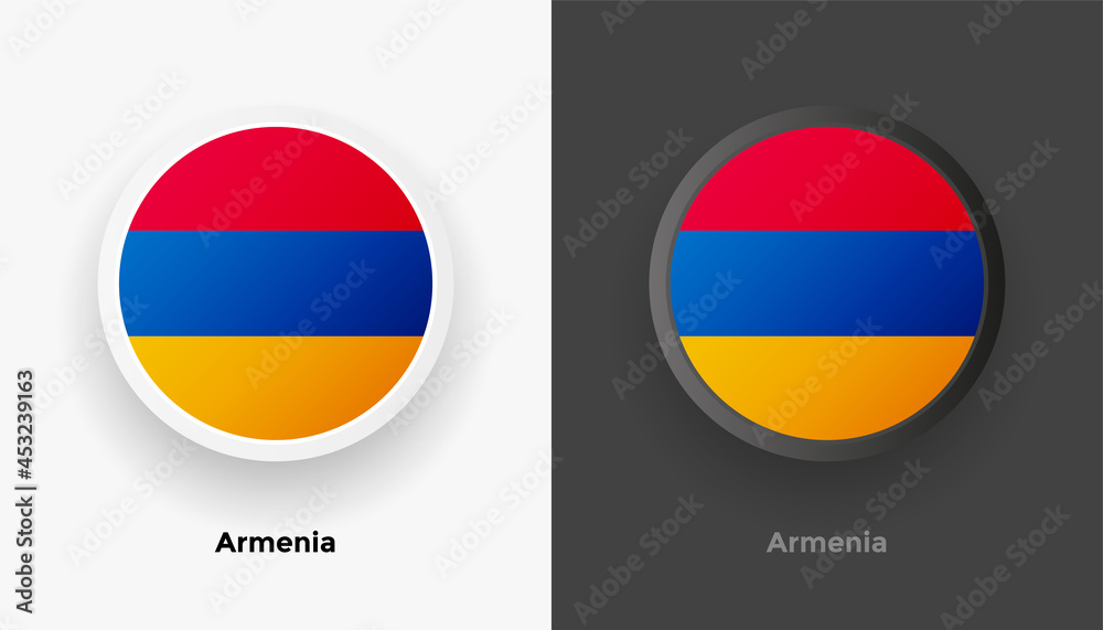 Obraz premium Set of two Armenia flag buttons in black and white background. Abstract shiny metallic rounded buttons with national country flag