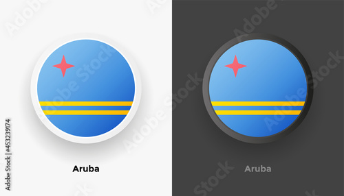 Set of two Aruba flag buttons in black and white background. Abstract shiny metallic rounded buttons with national country flag